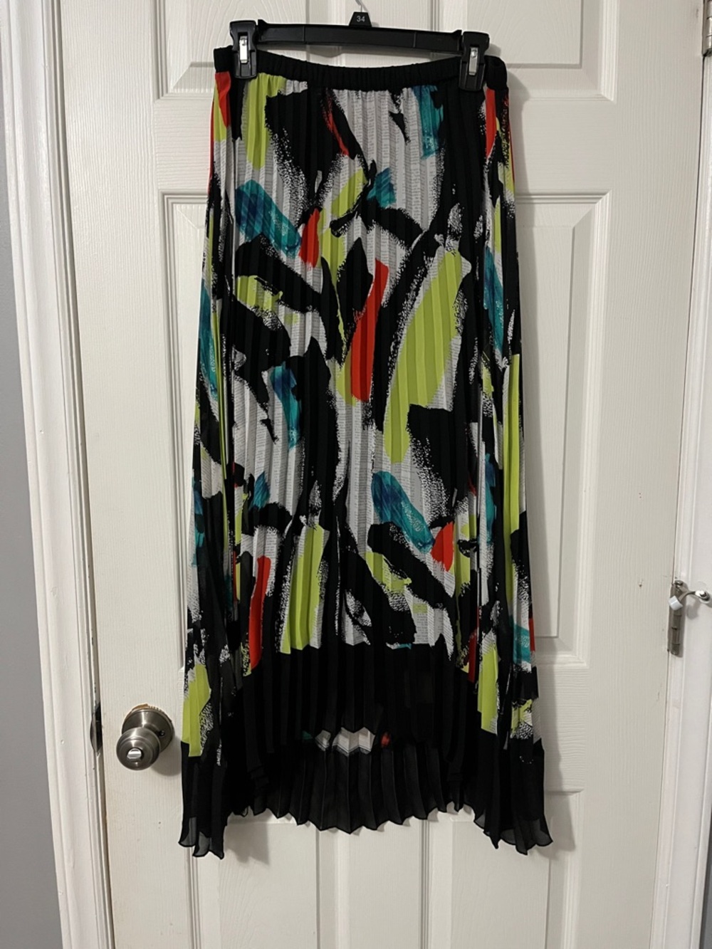 NY Collection Black Pleated High-Low Skirt with Neon Abstract Accents